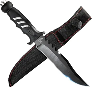 Fixed Blade Hunting Knife with Sheath, 12" Bushcraft Knife Full Tang, Stainless Steel EDC Fixed Blade Knife with Sheath, Rubber Handle by Kratos - ZF5