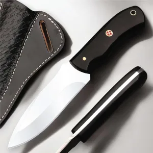 Fixed Blade Hunting Tracker Knife with Back Belt Leather Sheath - Ideal for Skinning, Hunting, Outdoor Camping, Hiking - EDC Stainless Steel Blade Knife, Bushcraft Knives with Micarta Handle.