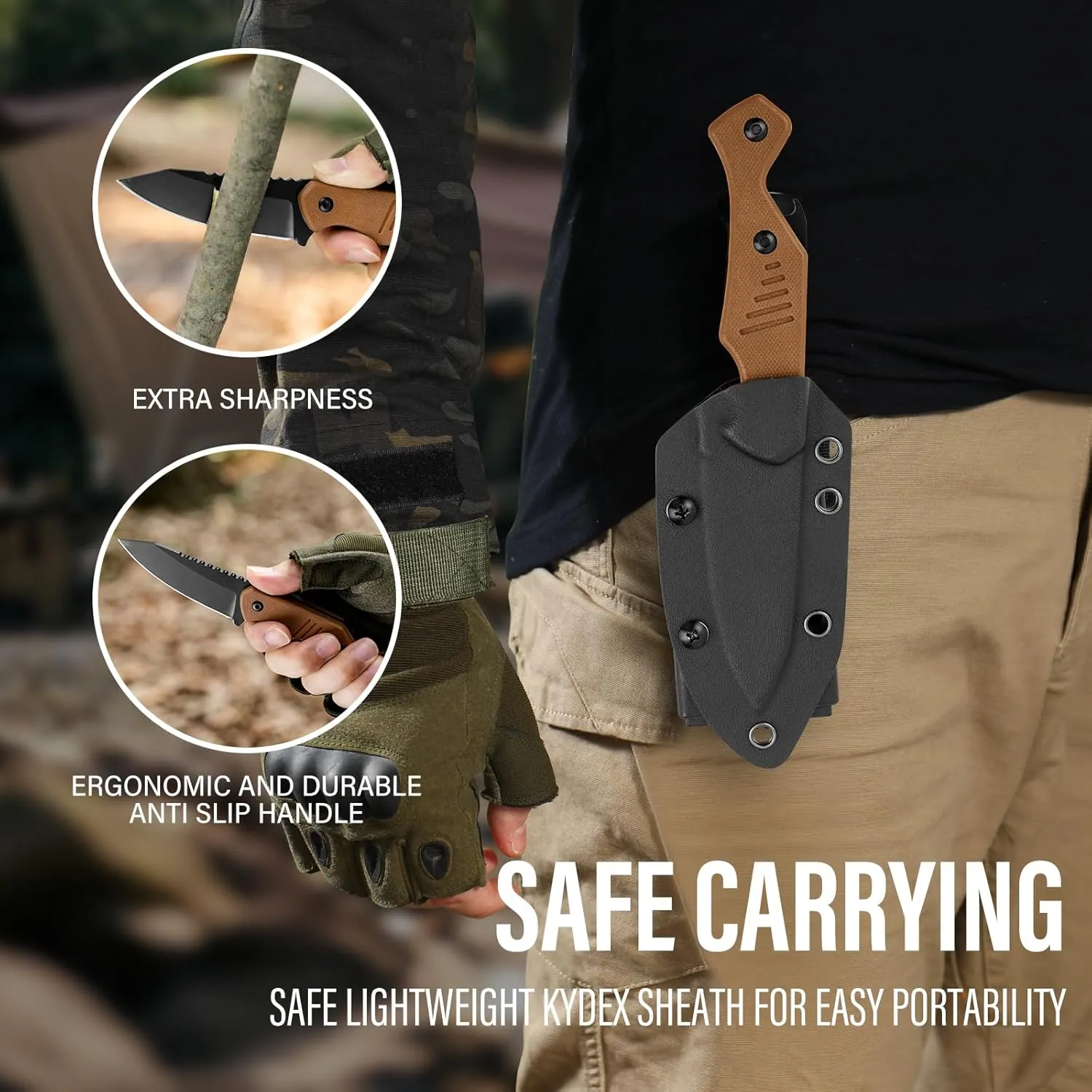 Fixed Blade Knife with Kydex Sheath, 3.15" 8Cr13Mov Blade Full Tang Camping Knives with Ergonomic G10 Handle, EDC Survival Hunting Knives with Sheath Horizontal & Vertical for Outdoor Activities