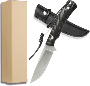 Fixed Blade Knife with Sheath,7.15" D2 Knife,Vintage Ebony Handle Hunting Knives,Multipurpose Outdoor Tool - Comes with Leather Sheath, Ideal for Camping, Hiking, Suitable Gifts for Father, Friends