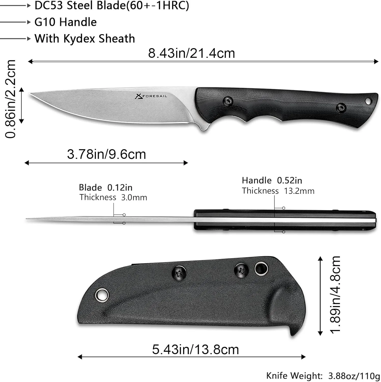 Fixed Blade Knife,3.86inch DC53 Steel Blade and G10 Handle,with Kydex Sheath,Fixed Blade EDC Tactical Knife for Men Women, Outdoor Hunting Hiking Survival Camping Knives.