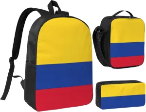 Flag of Colombia print Backpack 3pcs Set Including 17 Inch Large BookBag With Lunch Bag And Practical Pen Bag