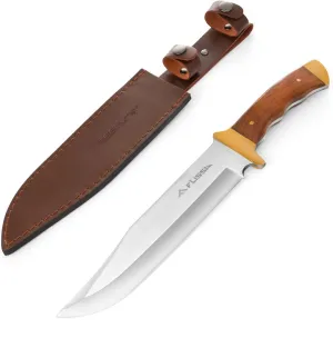 FLISSA 14-inch Bowie Knife, Full-tang Fixed Blade with Wood Handle, Hunting Knife with Leather Sheath for Outdoor Survival, Camping, Hiking