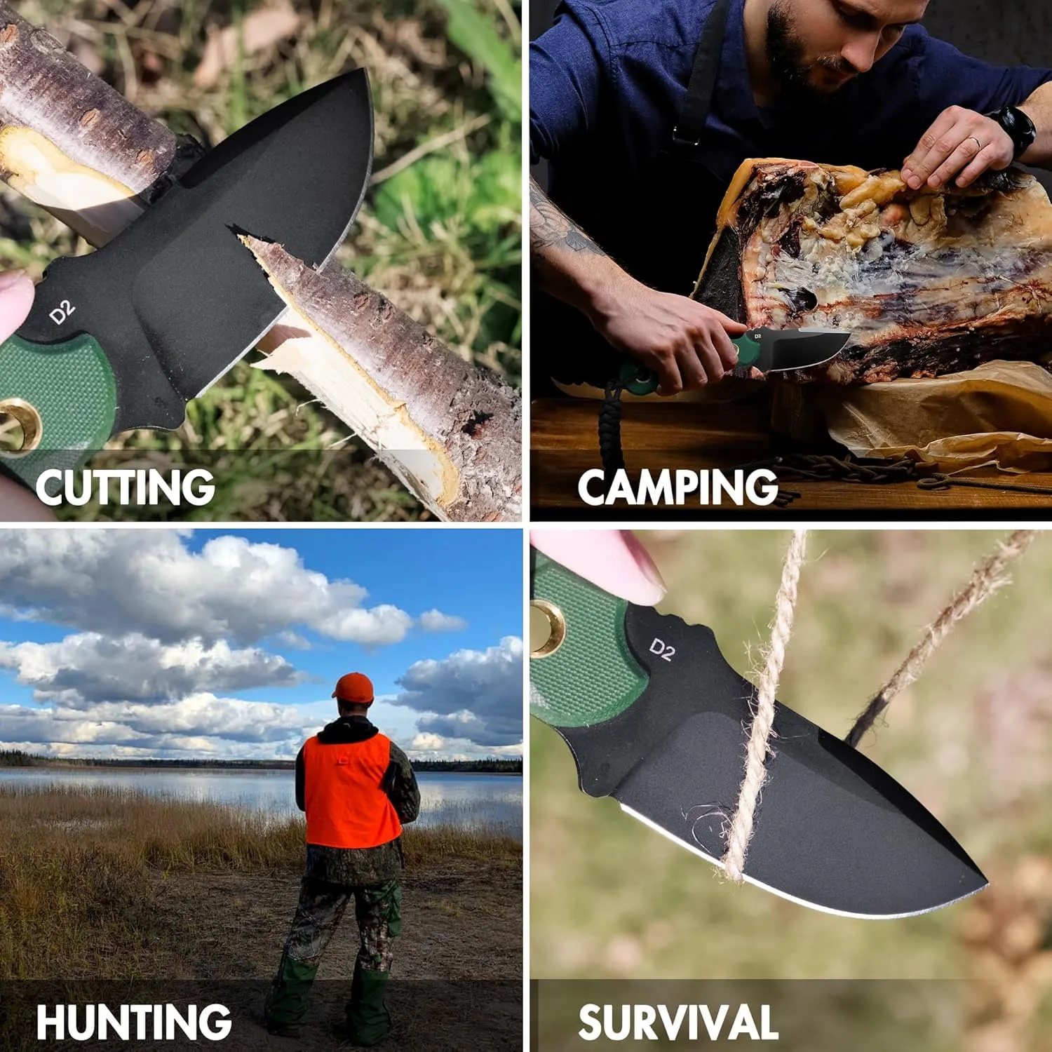 FLISSA Fixed Blade Knife, 7 Inch Full Tang Hunting Knife with G10 Handle, Kydex Sheath and Emergency Rope for Tactical, Survival, Camping, Hiking(Green)