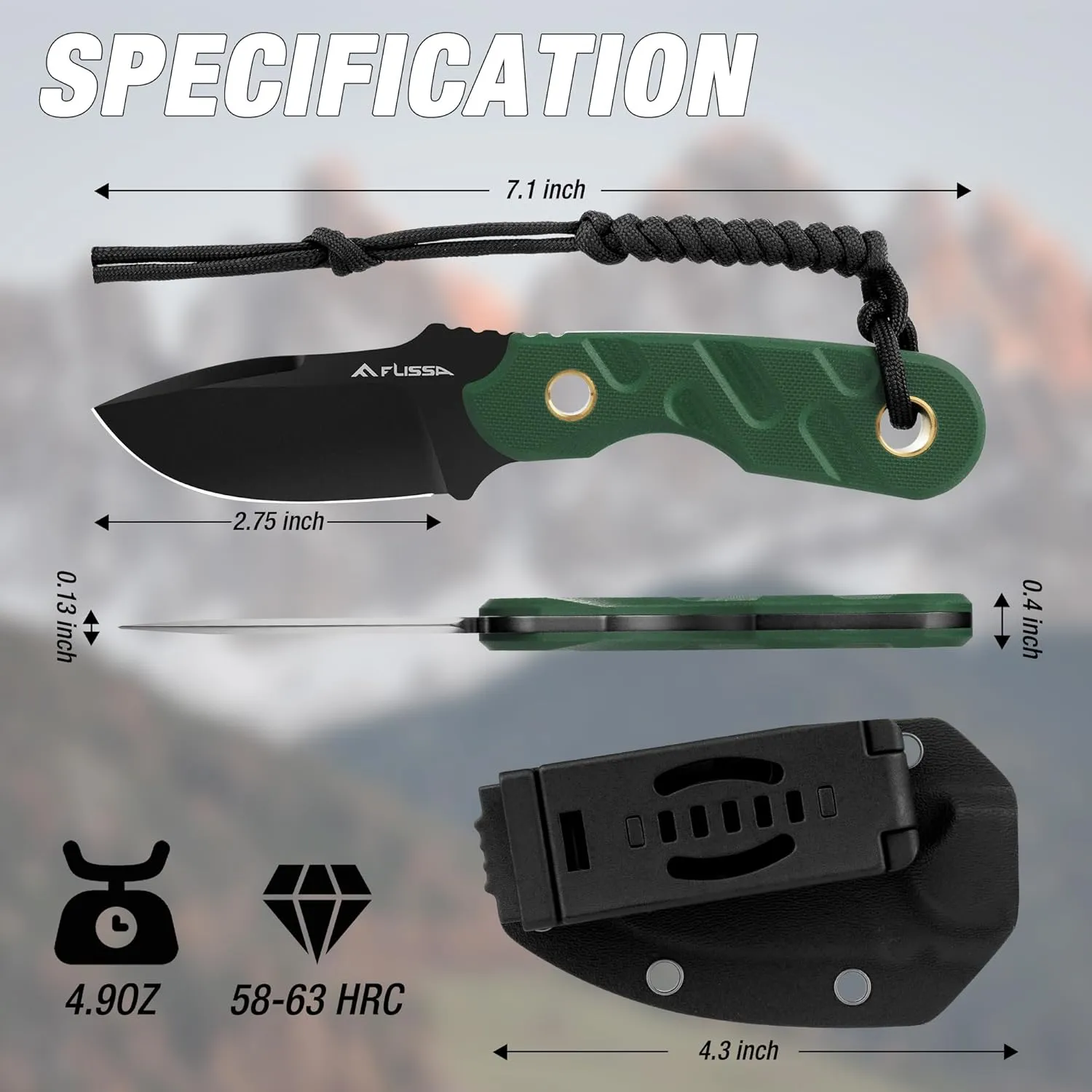 FLISSA Fixed Blade Knife, 7 Inch Full Tang Hunting Knife with G10 Handle, Kydex Sheath and Emergency Rope for Tactical, Survival, Camping, Hiking(Green)