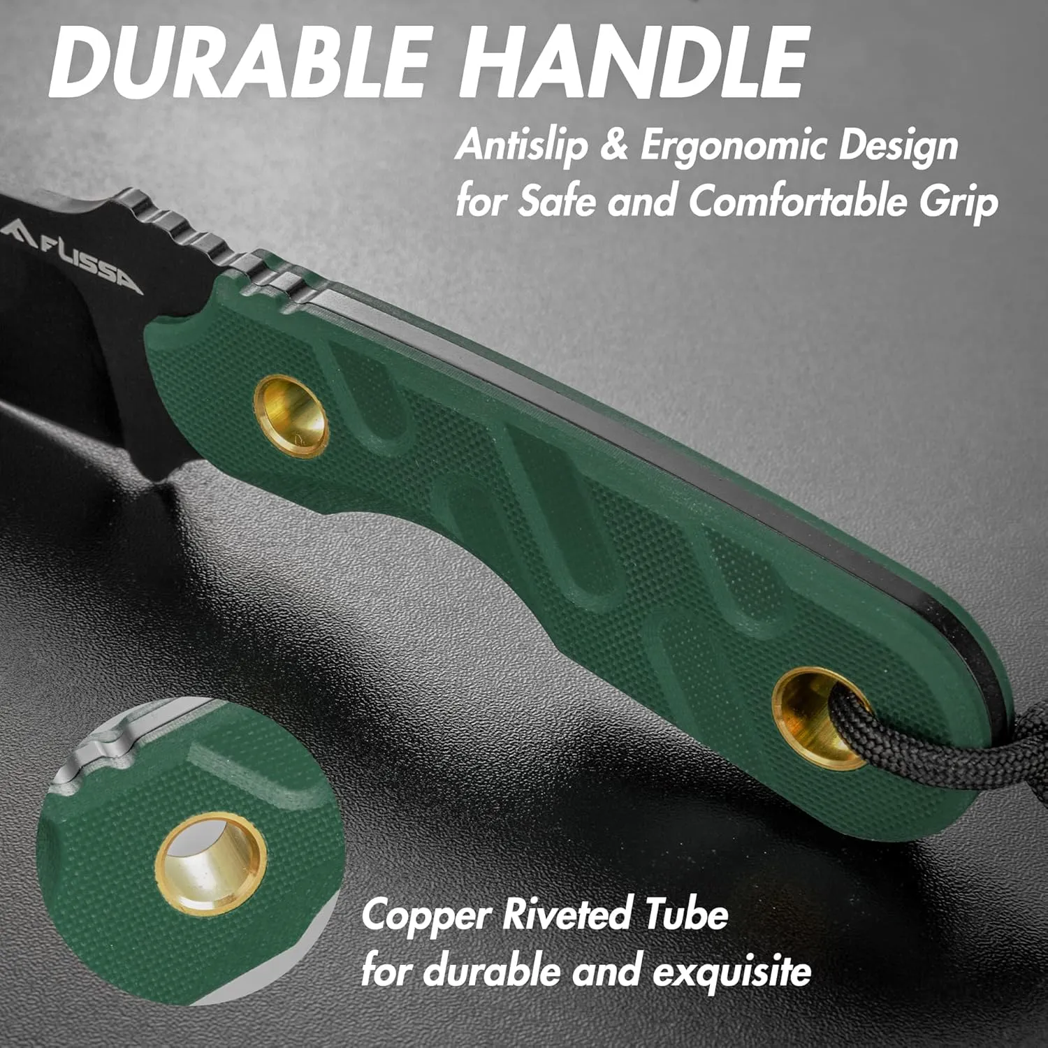 FLISSA Fixed Blade Knife, 7 Inch Full Tang Hunting Knife with G10 Handle, Kydex Sheath and Emergency Rope for Tactical, Survival, Camping, Hiking(Green)