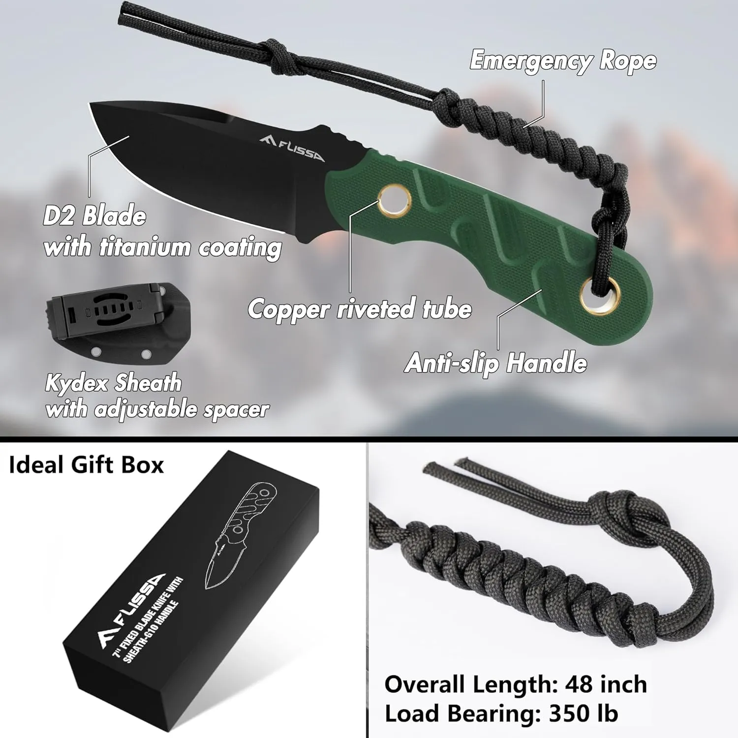 FLISSA Fixed Blade Knife, 7 Inch Full Tang Hunting Knife with G10 Handle, Kydex Sheath and Emergency Rope for Tactical, Survival, Camping, Hiking(Green)