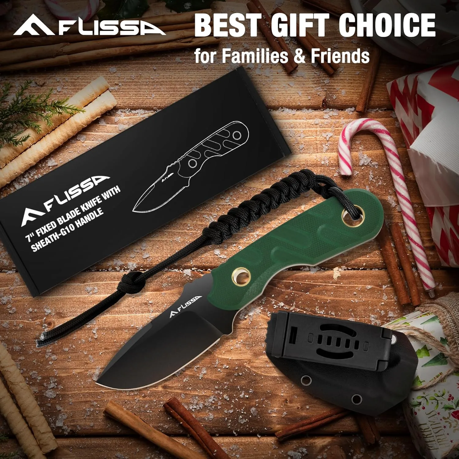 FLISSA Fixed Blade Knife, 7 Inch Full Tang Hunting Knife with G10 Handle, Kydex Sheath and Emergency Rope for Tactical, Survival, Camping, Hiking(Green)