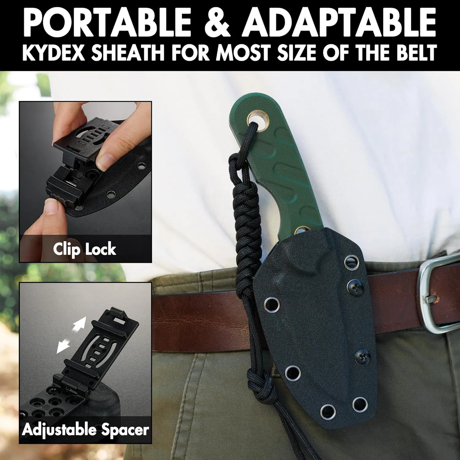 FLISSA Fixed Blade Knife, 7 Inch Full Tang Hunting Knife with G10 Handle, Kydex Sheath and Emergency Rope for Tactical, Survival, Camping, Hiking(Green)