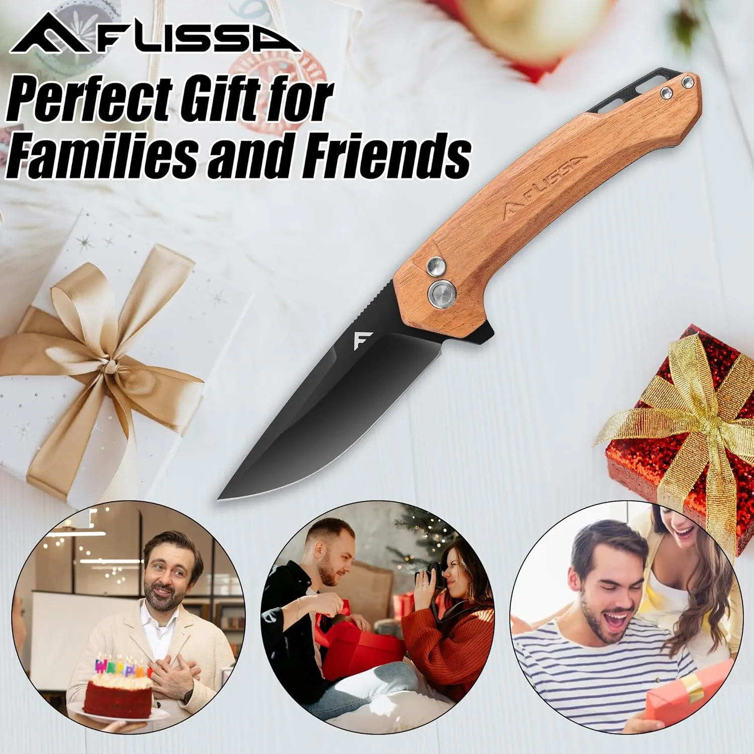FLISSA Pocket Folding Knife, 3.2” D2 Blade Wood Handle EDC Knife with Button Lock and Pocket Clip for Hunting, Camping, Survival, Outdoor Activities