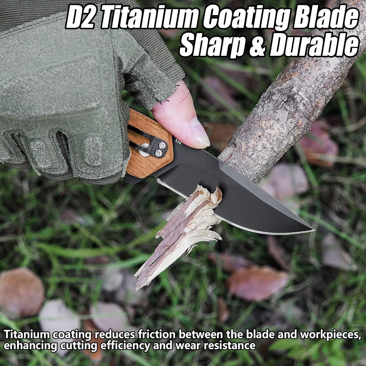 FLISSA Pocket Folding Knife, 3.2” D2 Blade Wood Handle EDC Knife with Button Lock and Pocket Clip for Hunting, Camping, Survival, Outdoor Activities