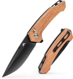 FLISSA Pocket Folding Knife, 3.2” D2 Blade Wood Handle EDC Knife with Button Lock and Pocket Clip for Hunting, Camping, Survival, Outdoor Activities