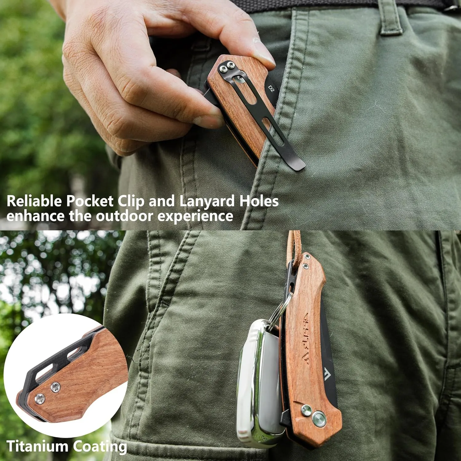 FLISSA Pocket Folding Knife, 3.2” D2 Blade Wood Handle EDC Knife with Button Lock and Pocket Clip for Hunting, Camping, Survival, Outdoor Activities