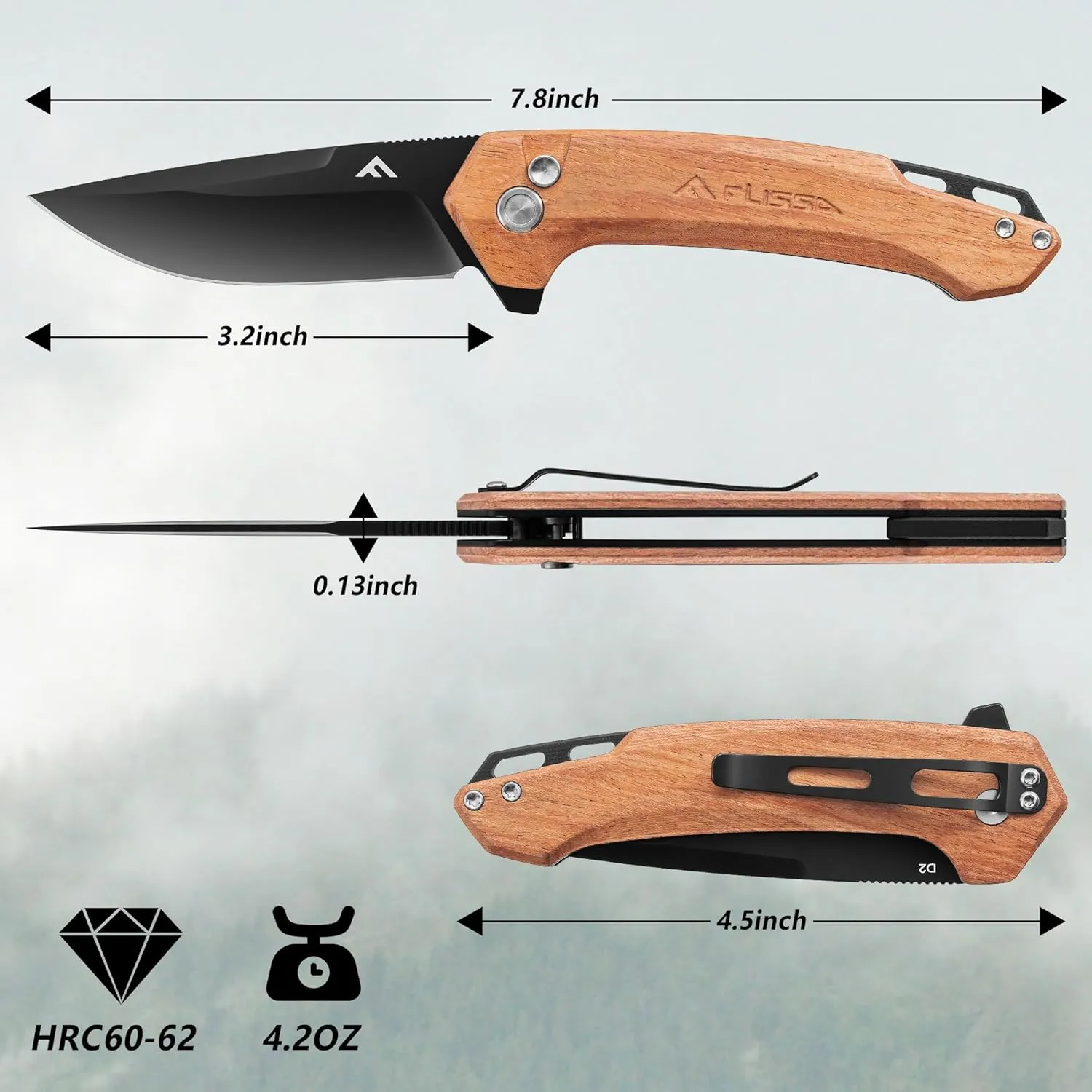 FLISSA Pocket Folding Knife, 3.2” D2 Blade Wood Handle EDC Knife with Button Lock and Pocket Clip for Hunting, Camping, Survival, Outdoor Activities