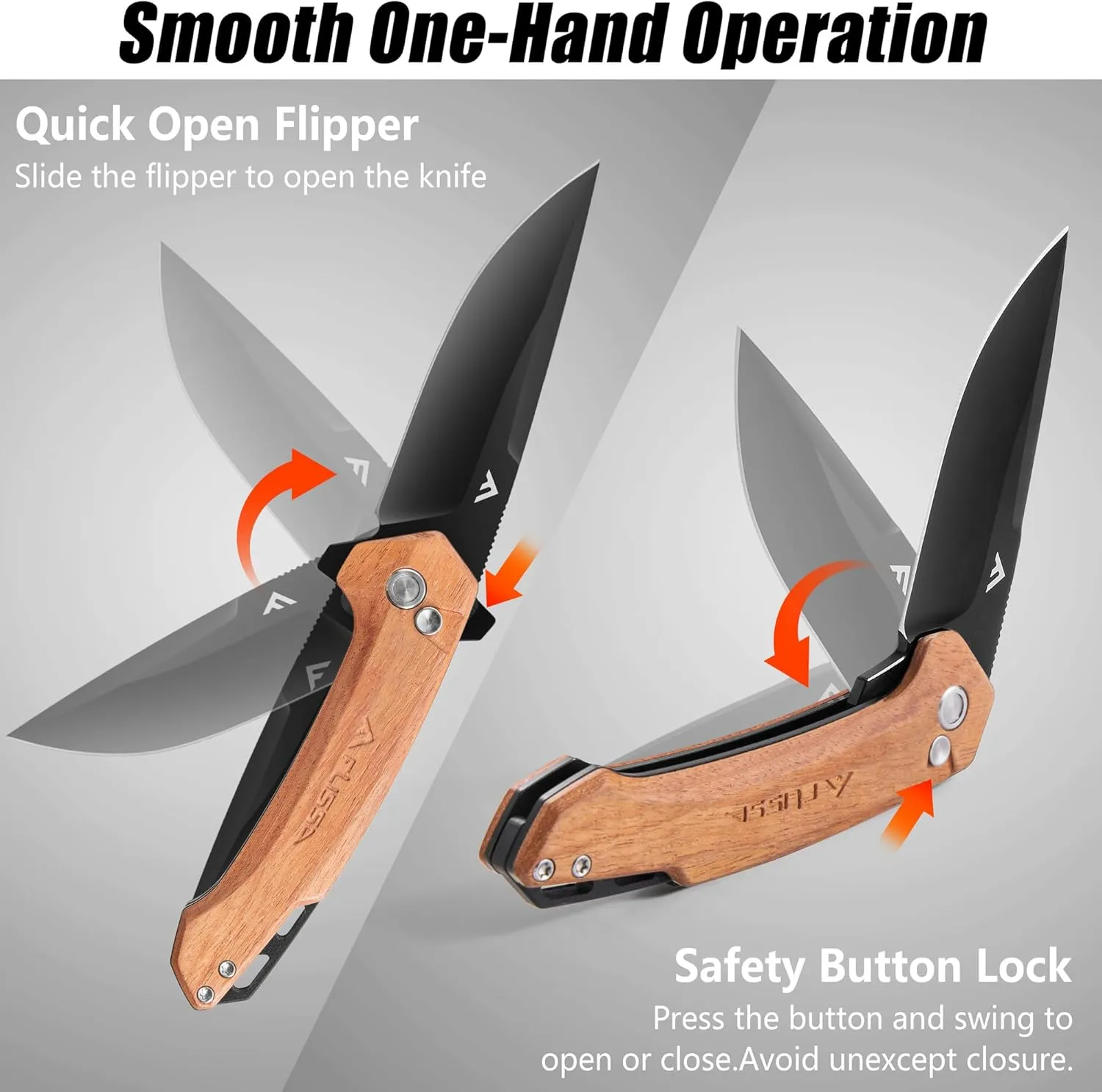 FLISSA Pocket Folding Knife, 3.2” D2 Blade Wood Handle EDC Knife with Button Lock and Pocket Clip for Hunting, Camping, Survival, Outdoor Activities