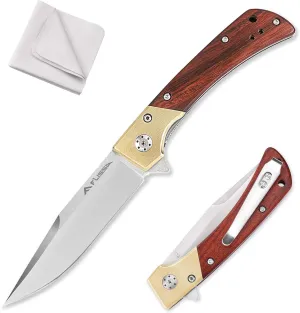 FLISSA Pocket Knife, Folding Knife with D2 Steel Blade, Ball Bearing, Elegant Copper & Wood Handle, Liner Lock, Pocket Clip, Cleaning Cloth, Perfect for EDC, Daily Use, Outdoor