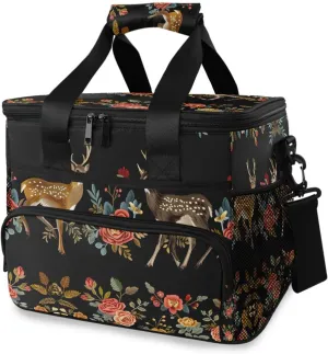 Floral Deers Roses Black Cooler Bag Insulated Cooler Soft Sided Cooler 24 Can Portable Picnic Bag Large Leakproof Lunch Bag Box for Beach Grocery Camping Travel Car Men Women