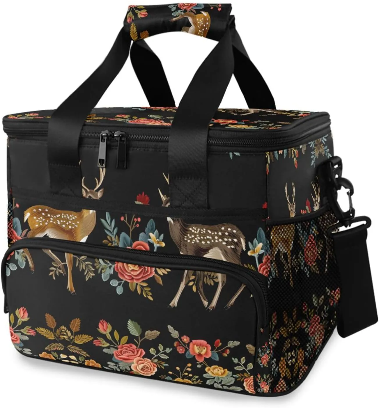 Floral Deers Roses Black Cooler Bag Insulated Cooler Soft Sided Cooler 24 Can Portable Picnic Bag Large Leakproof Lunch Bag Box for Beach Grocery Camping Travel Car Men Women