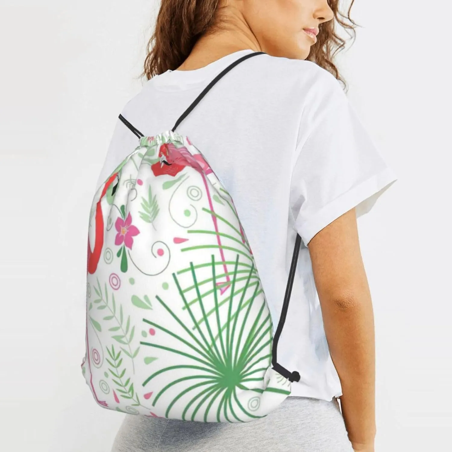 Floral Flamingo Botany Print Drawstring Backpack Bag, Easy Drawstring Backpack, Gym Sports Travel Yoga Dance Bag
