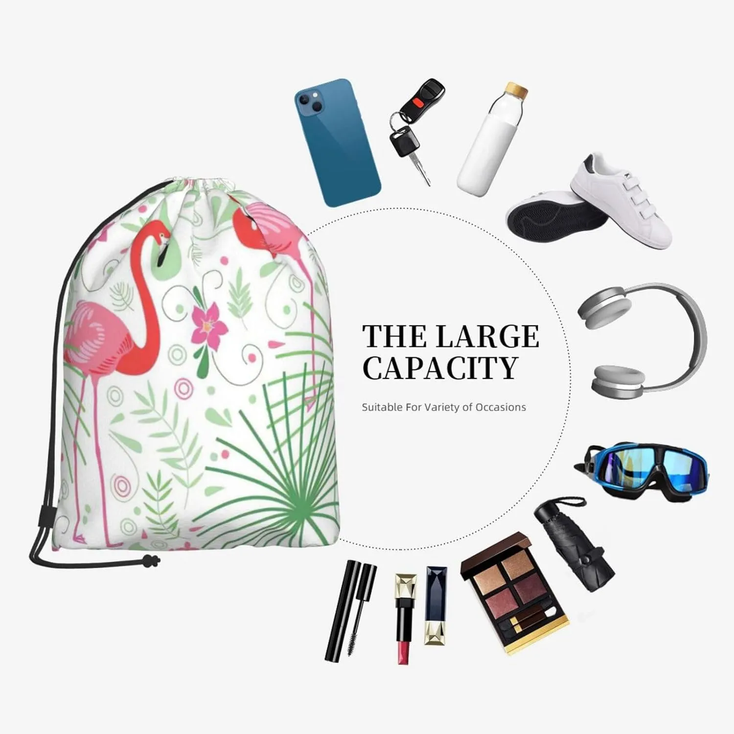 Floral Flamingo Botany Print Drawstring Backpack Bag, Easy Drawstring Backpack, Gym Sports Travel Yoga Dance Bag