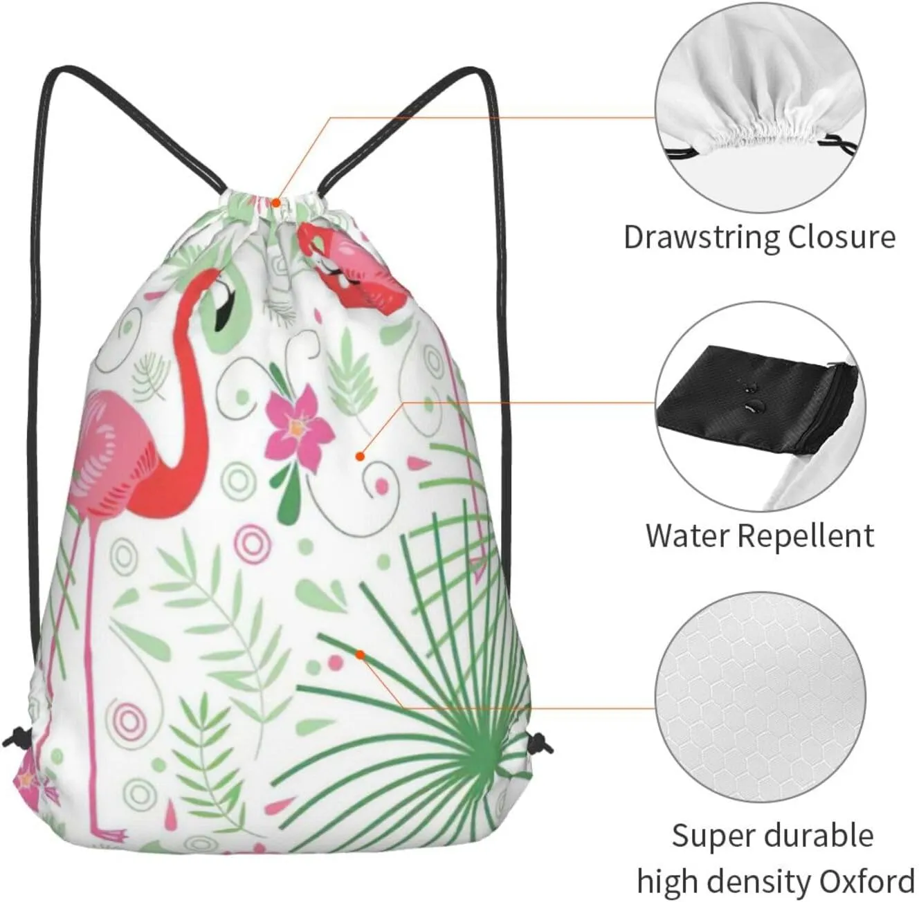 Floral Flamingo Botany Print Drawstring Backpack Bag, Easy Drawstring Backpack, Gym Sports Travel Yoga Dance Bag