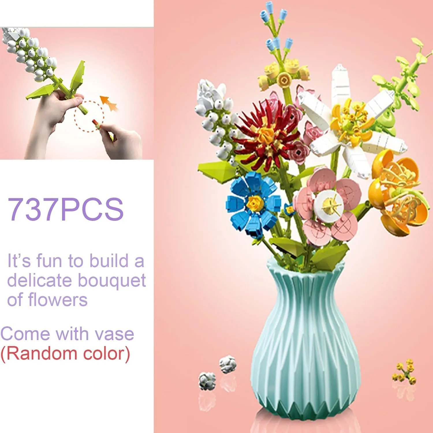 Flower Bouquet Building Set with Vase, 737 PCS 3D Puzzles Artificial Flowers for Adults Creative Flowers Building Blocks Set Toy DIY Decor for Home Office, Floral Birthday Gift Idea