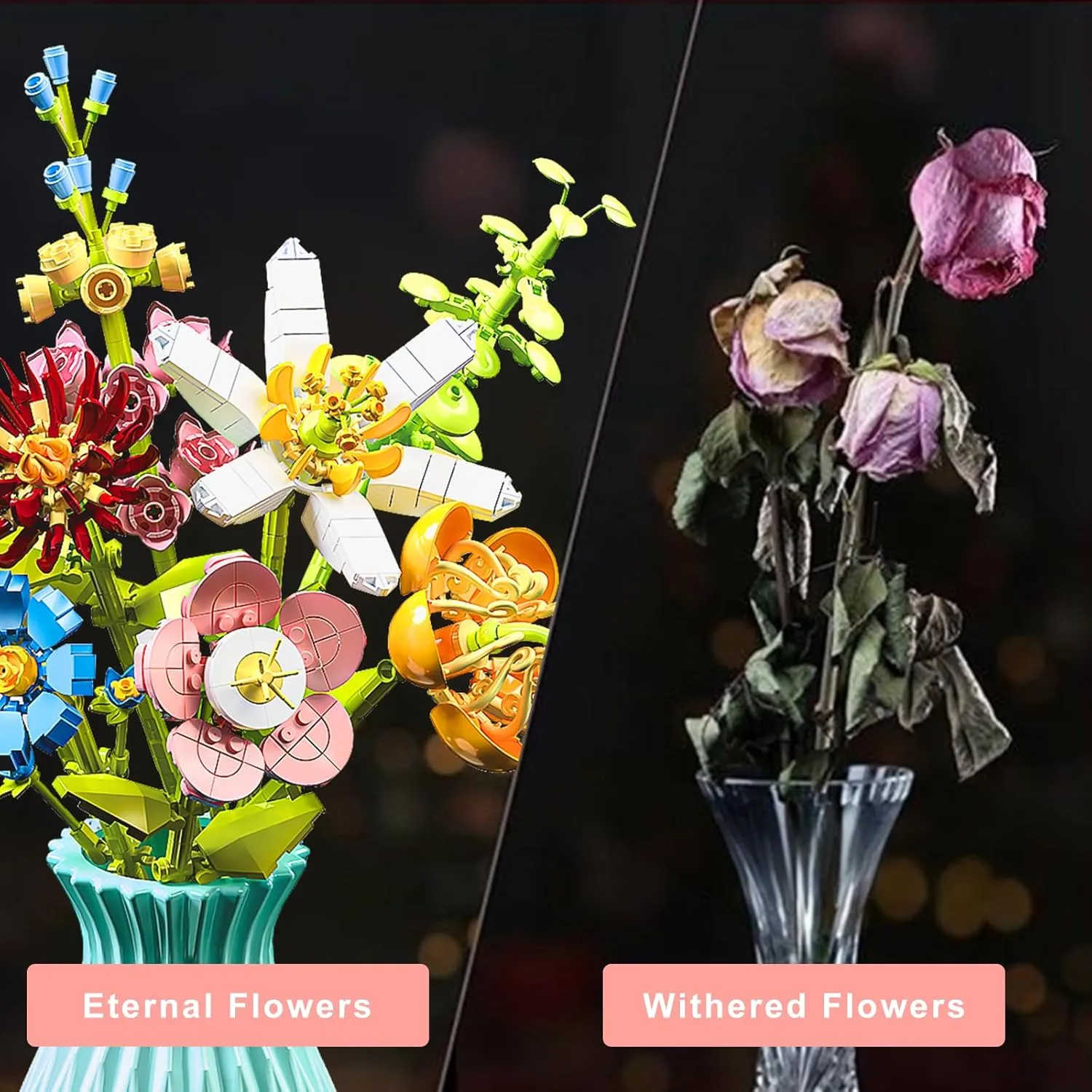 Flower Bouquet Building Set with Vase, 737 PCS 3D Puzzles Artificial Flowers for Adults Creative Flowers Building Blocks Set Toy DIY Decor for Home Office, Floral Birthday Gift Idea