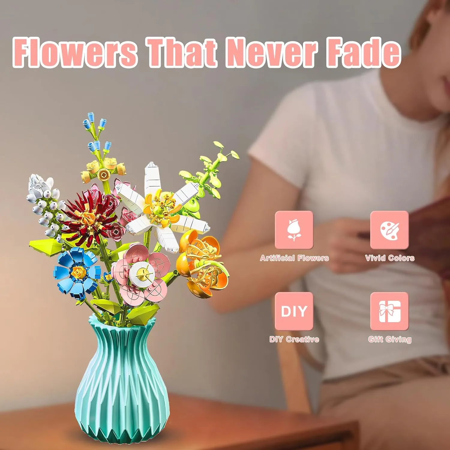 Flower Bouquet Building Set with Vase, 737 PCS 3D Puzzles Artificial Flowers for Adults Creative Flowers Building Blocks Set Toy DIY Decor for Home Office, Floral Birthday Gift Idea