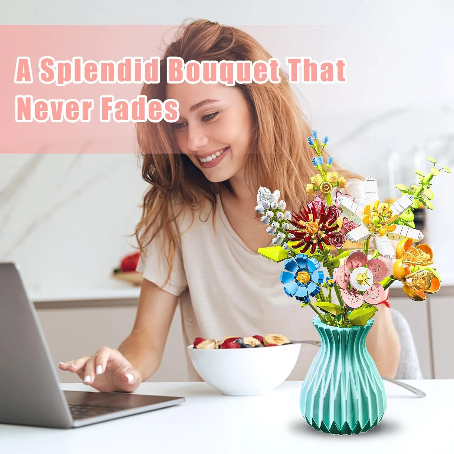 Flower Bouquet Building Set with Vase, 737 PCS 3D Puzzles Artificial Flowers for Adults Creative Flowers Building Blocks Set Toy DIY Decor for Home Office, Floral Birthday Gift Idea