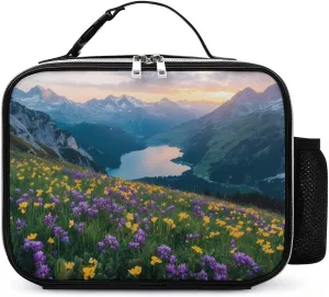Flower Sun Switzerland Mountains Insulated Cooler Leather Lunch Bag Meal Tote Handbags with Adjustable Handle Strap Side Pocket