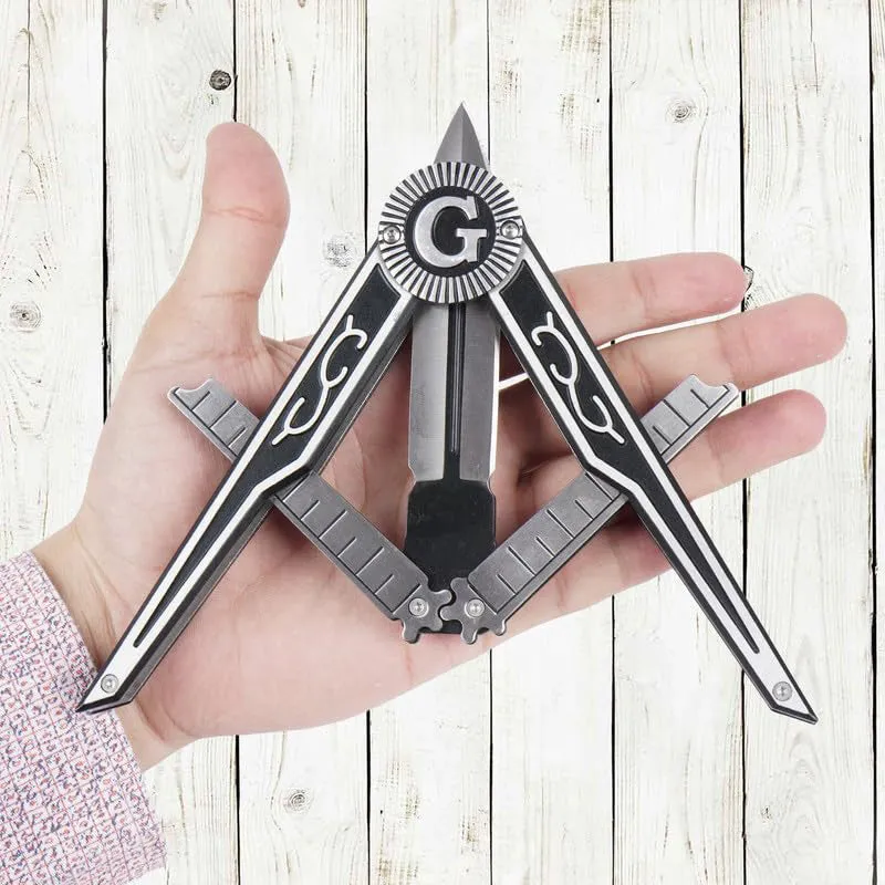 Folding pocket knife 5.75 inches opens to form compass/square masonic symbol