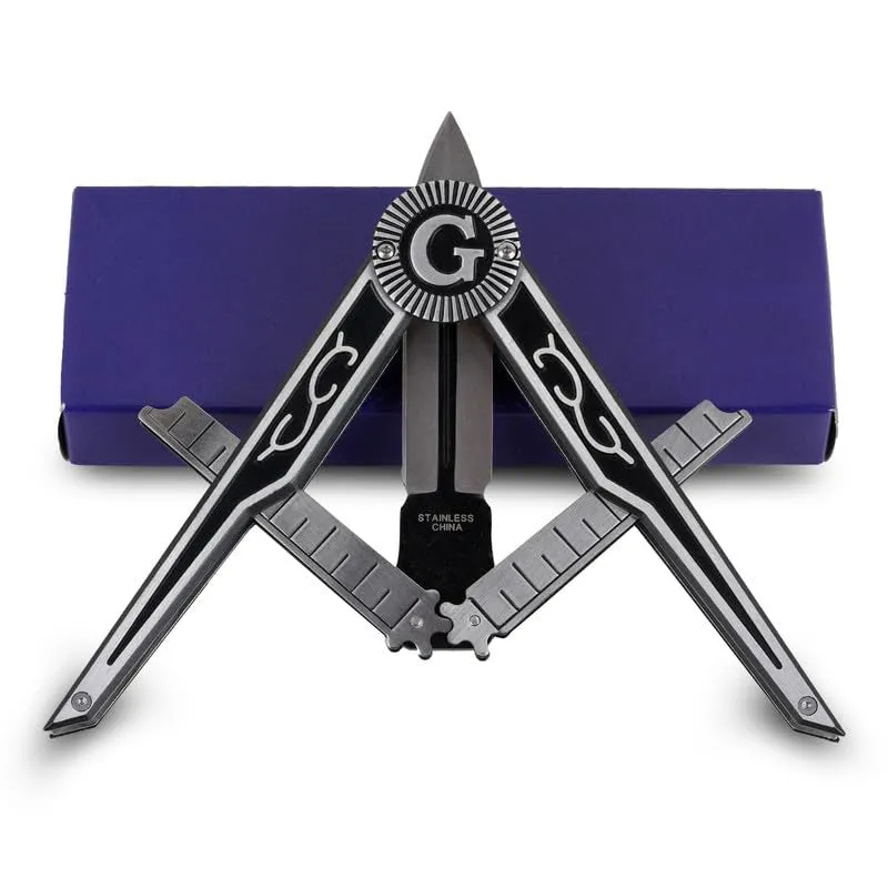 Folding pocket knife 5.75 inches opens to form compass/square masonic symbol