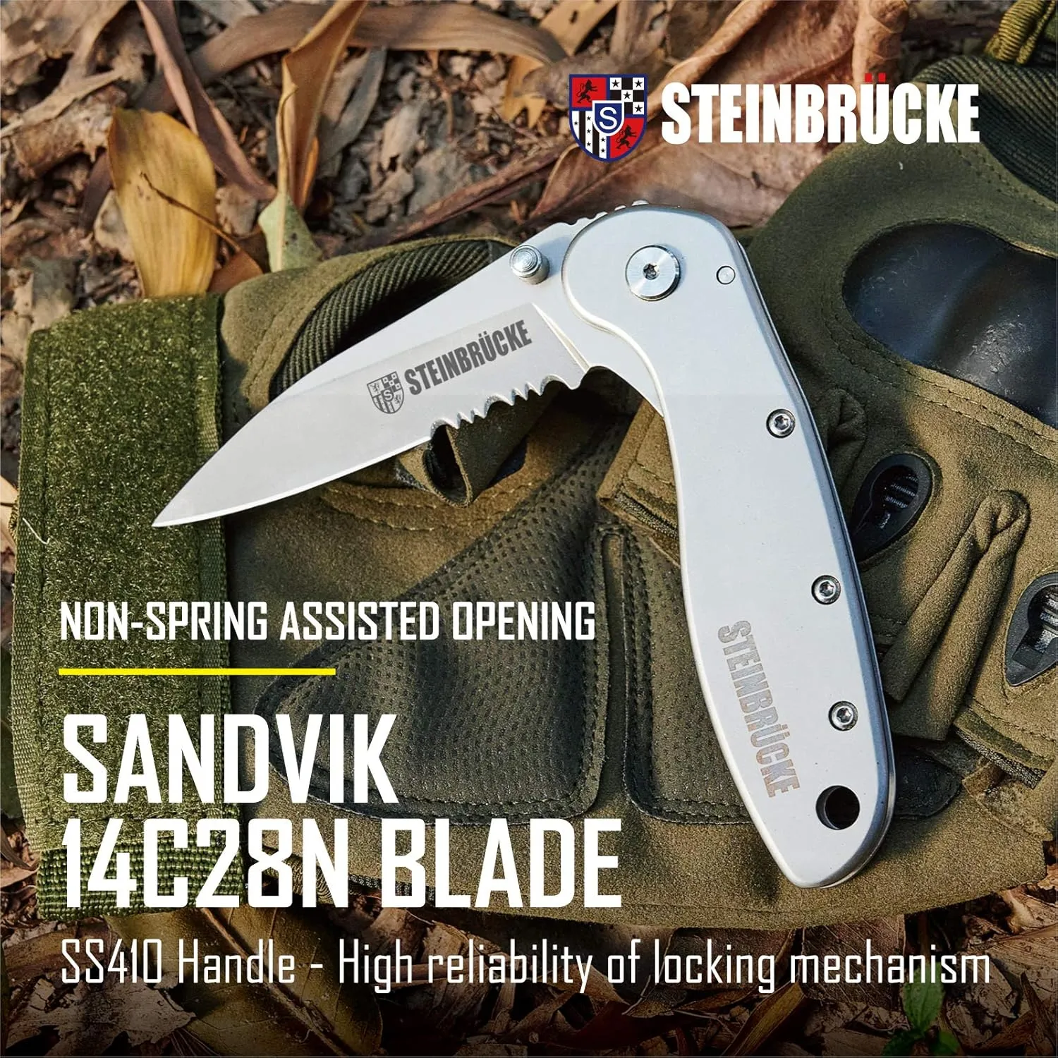 Folding Pocket Knife with Clip - Pocket Knives for Men,3.1” Sandvik 14C28N Stainless Steel Blade Titanium Coated Serrated, SS410 Handle with Reversible Clip, Great for Fishing, Camping and Survival