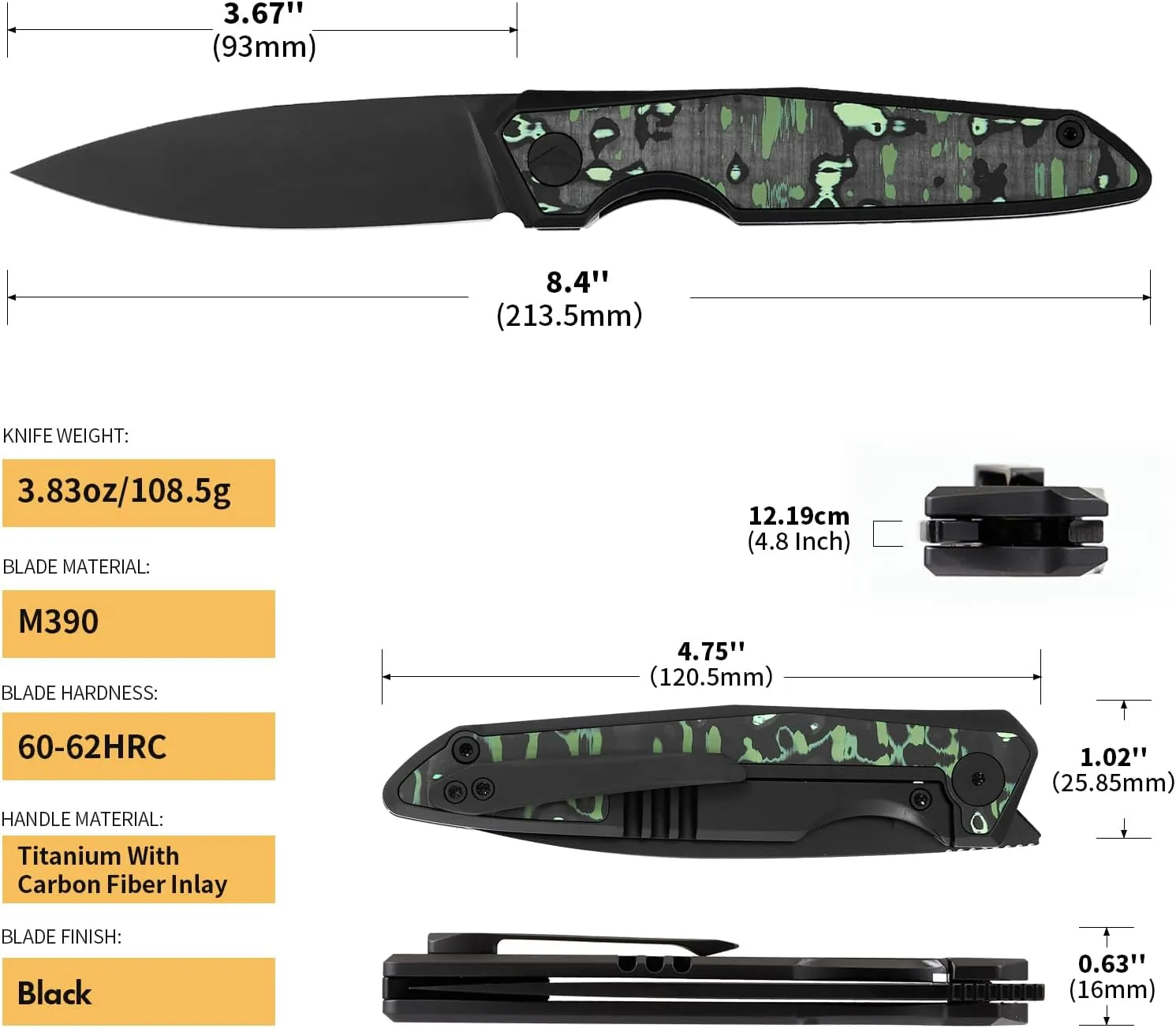 Folding Pocket Knife,EDC Knife,M390 Steel Blade,Titanium Carbon Fiber Handle,Tactical/Outdoor Camping/Survival/HuntingKnife (Black & Green)