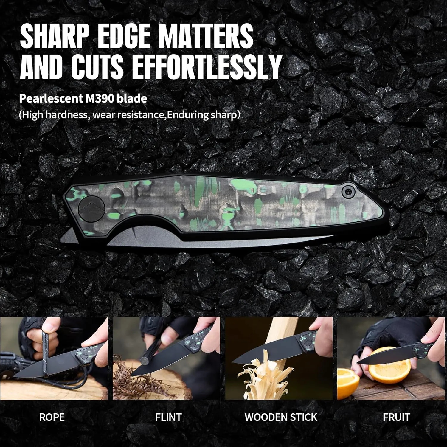 Folding Pocket Knife,EDC Knife,M390 Steel Blade,Titanium Carbon Fiber Handle,Tactical/Outdoor Camping/Survival/HuntingKnife (Black & Green)