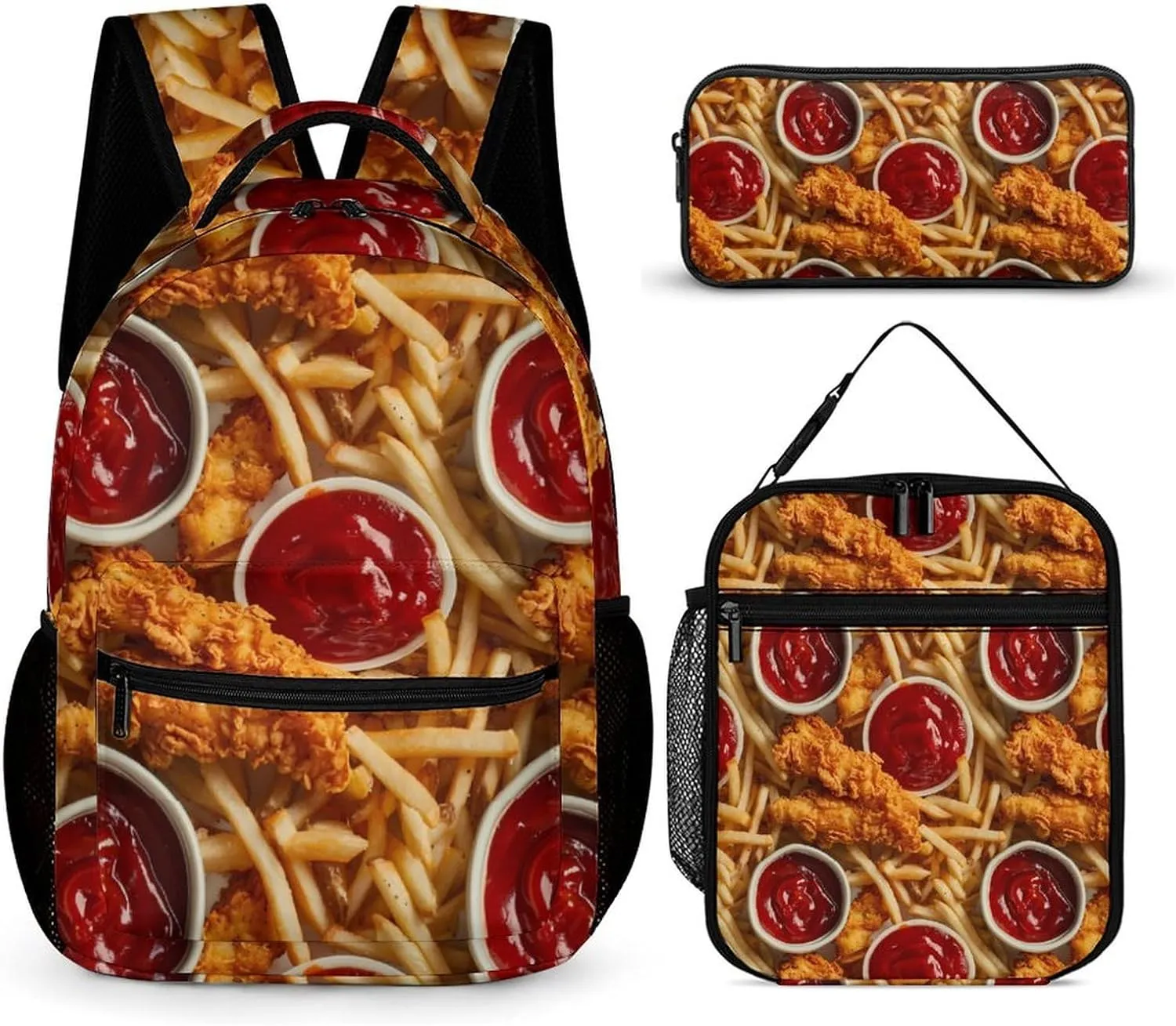 Food Chicken French Fries Cute Backpack Set with Lunch Bag and Pencil Case Lightweight Bags Sets