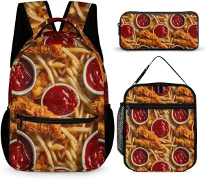 Food Chicken French Fries Cute Backpack Set with Lunch Bag and Pencil Case Lightweight Bags Sets