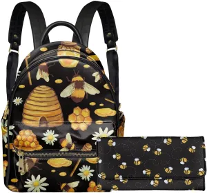 Forchrinse Cute Bee Womens Cute Backapck Purse RFID Blocking Handbag Leather Small Anti Theft Rucksack Daypack and Long Wallet for Travel School Gym