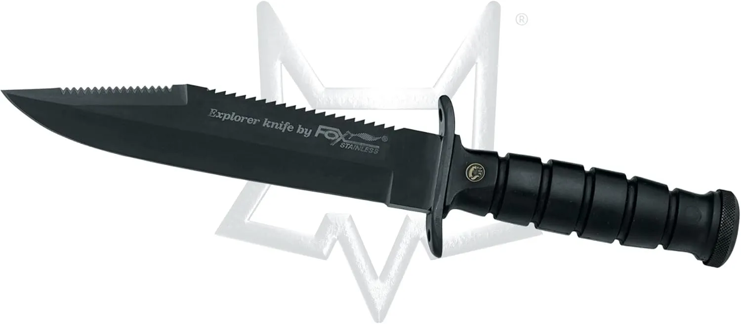 Fox Cutlery FOX697 Military Explorer Fixed Blade Knife Black Sawback Clip/ABS