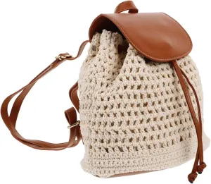 FRCOLOR Woven Backpack Drawstring Flap Handmade Crochet Bag for Women Boho Hipster Lightweight Multi-purpose Easy to Carry