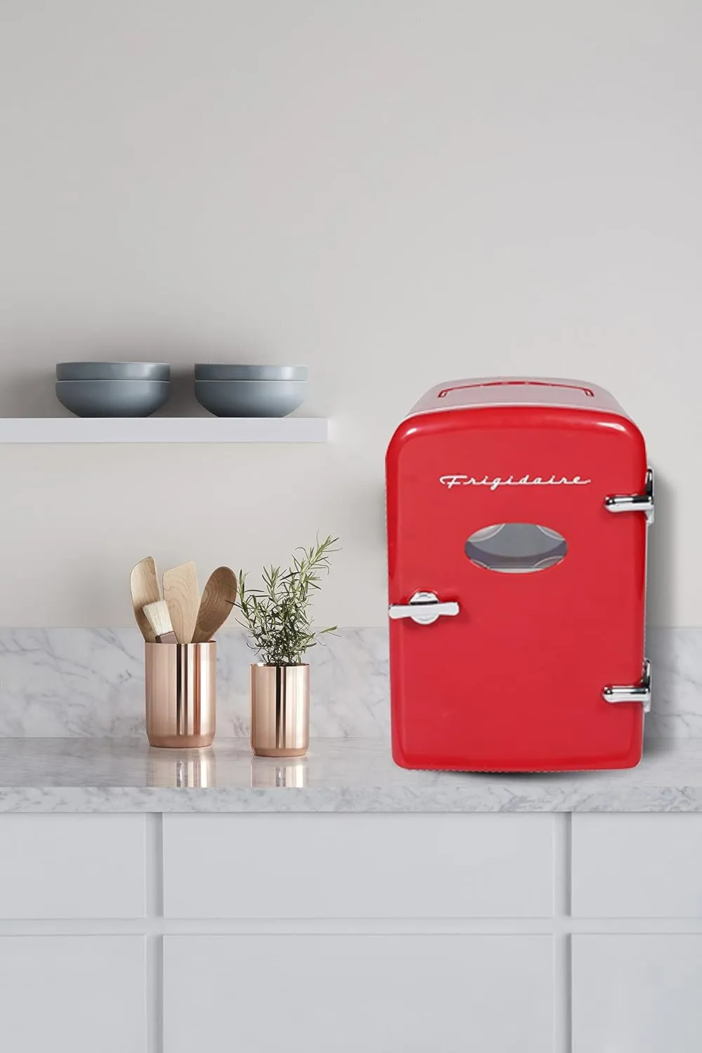 Frigidaire Retro Mini Personal Fridge Cooler, Holds up to 9 Cans, Portable for Car, Office, Bedroom, Dorm Room, or Cabin, Includes 110V AC and 12V DC cords - 11.8"D x 7.1"W x 10.1"H, Red