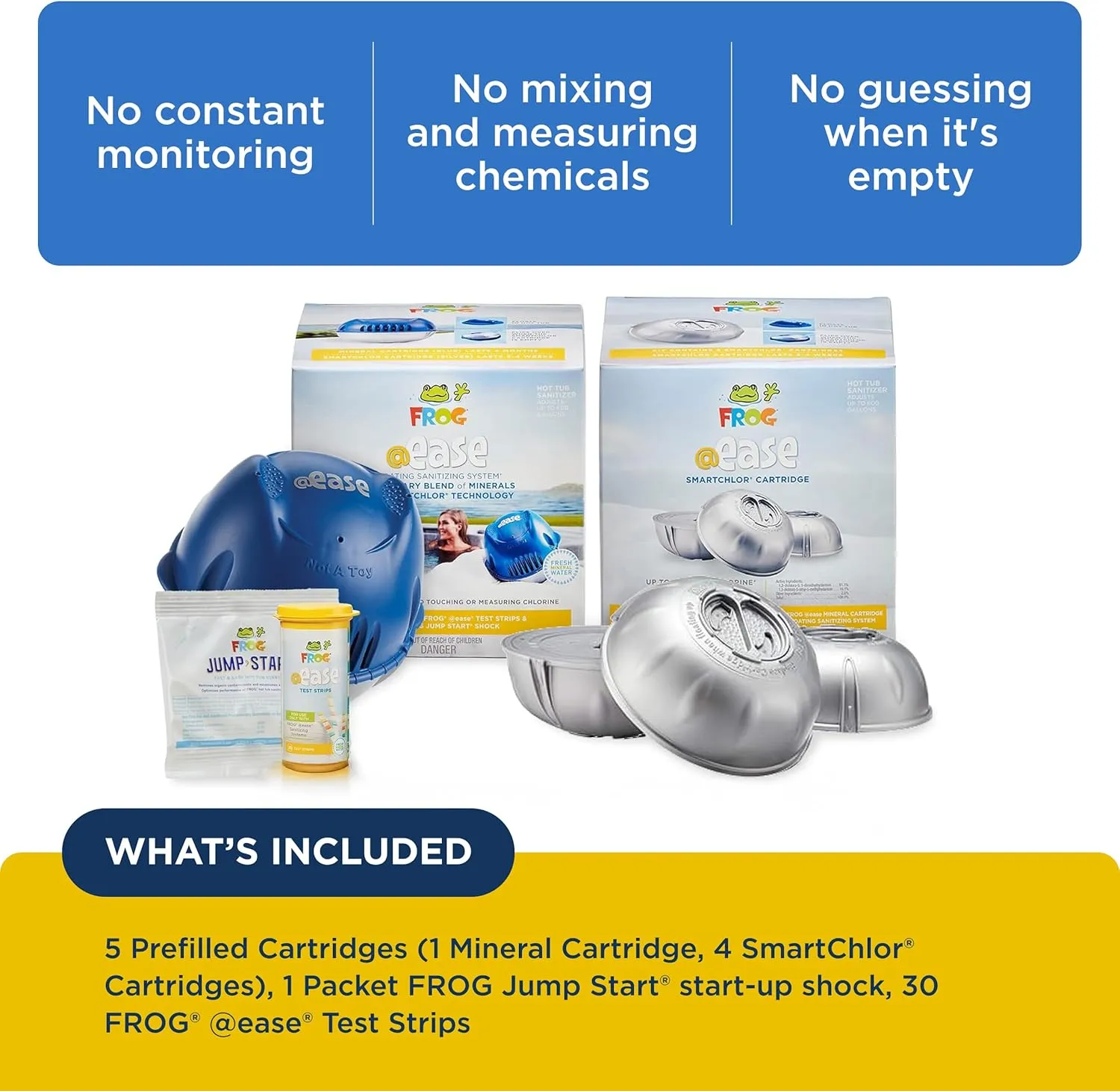FROG @Ease Floating System for Hot Tubs with 3 Replacement @Ease SmartChlor Cartridges - Self-Regulating Sanitizer - Hot Tub Maintenance System with Sanitizing Minerals & SmartChlor Technology