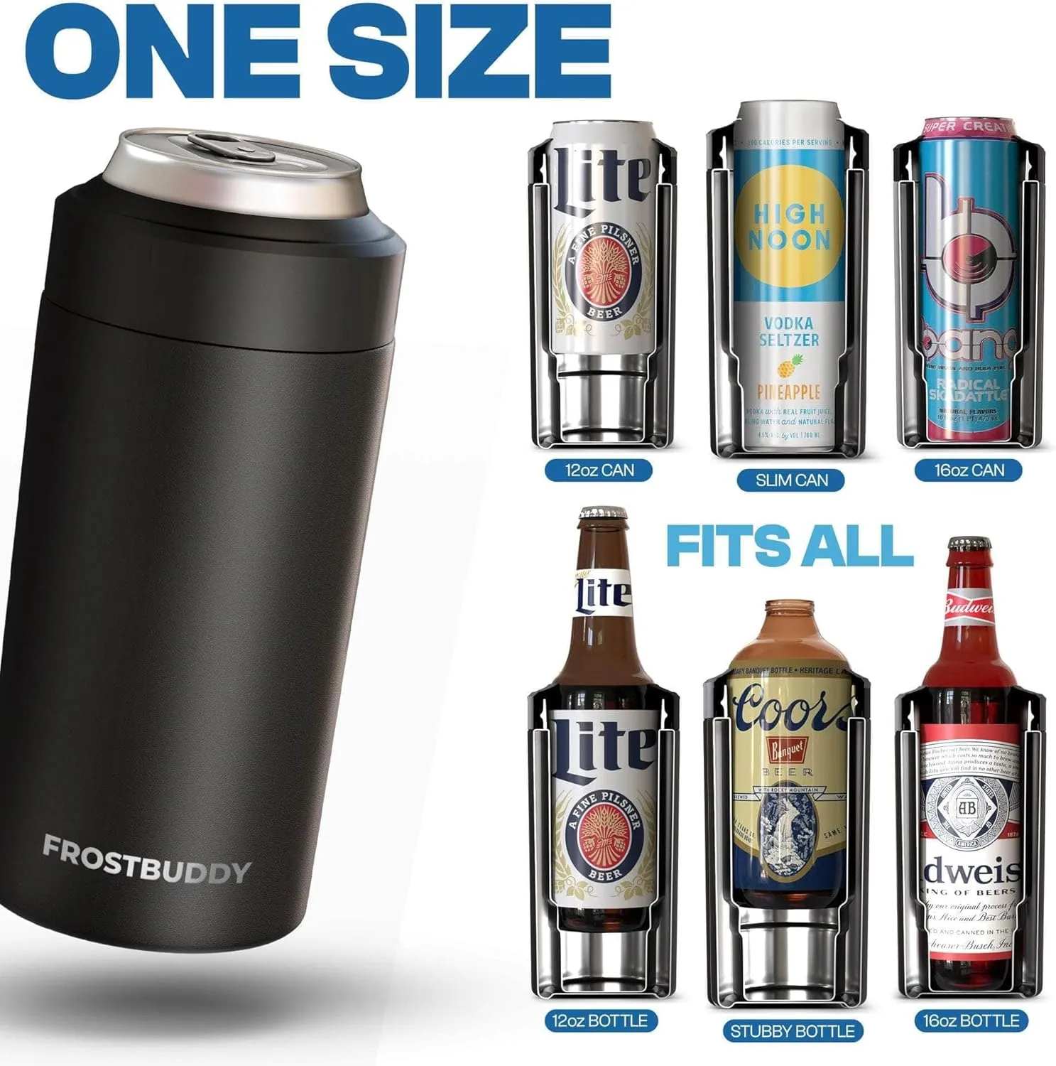 Frost Buddy Universal Buddy Can Cooler - Fits All - For Regular 12 & 16 oz or Slim-Size Bottles - Insulated Double-Walled Stainless Steel (Golf)