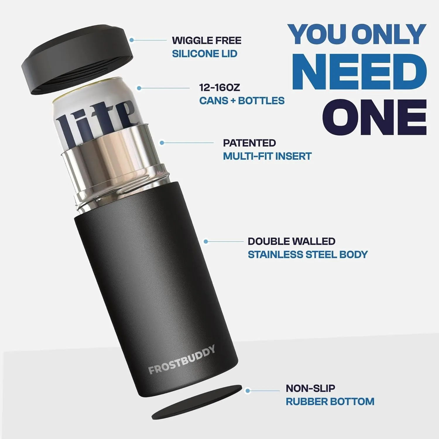 Frost Buddy Universal Buddy Can Cooler - Fits All - For Regular 12 & 16 oz or Slim-Size Bottles - Insulated Double-Walled Stainless Steel (Golf)