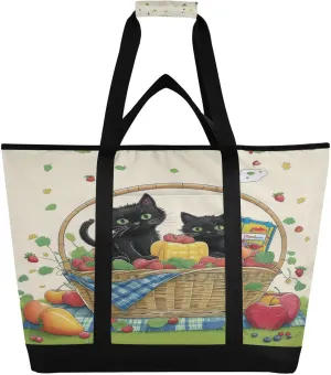 Fruit Basket Black Cats Reusable Insulated Lunchbox Cooler Bag, Leakproof Kitchen Grocery Bag Collapsible Portable Cooler Tote Bag for Picnic, Camping, Office, Travel