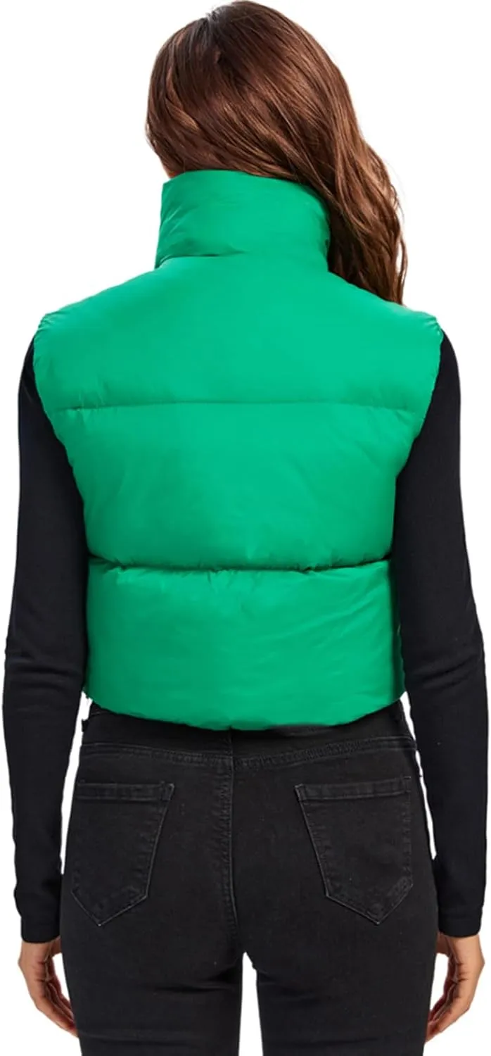 Fuinloth Women's Padded Vest, High Stand Collar Lightweight Zip Crop Puffer Gilet