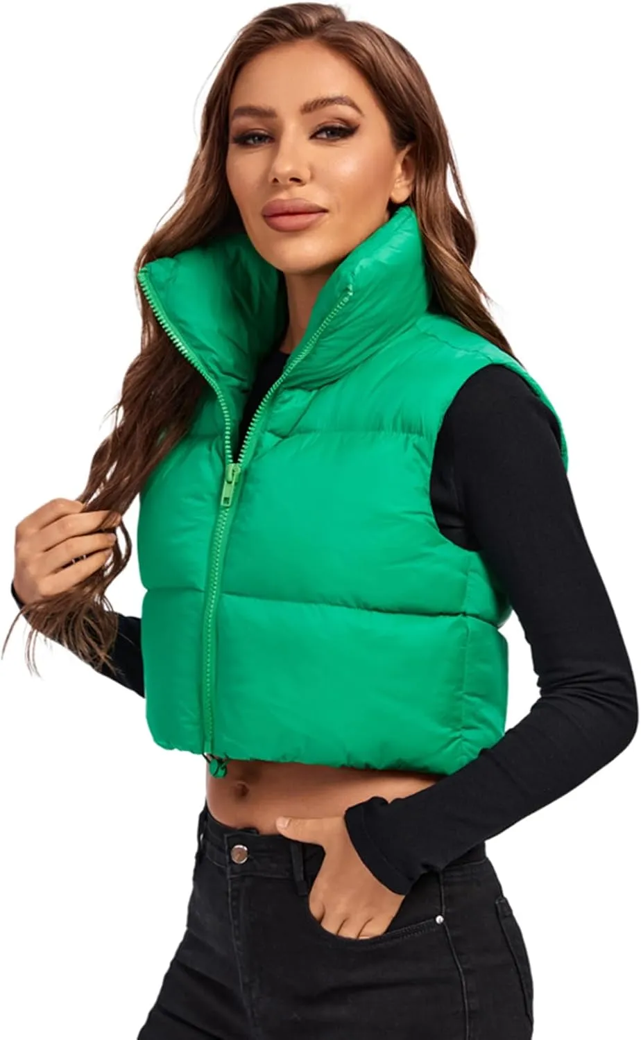Fuinloth Women's Padded Vest, High Stand Collar Lightweight Zip Crop Puffer Gilet