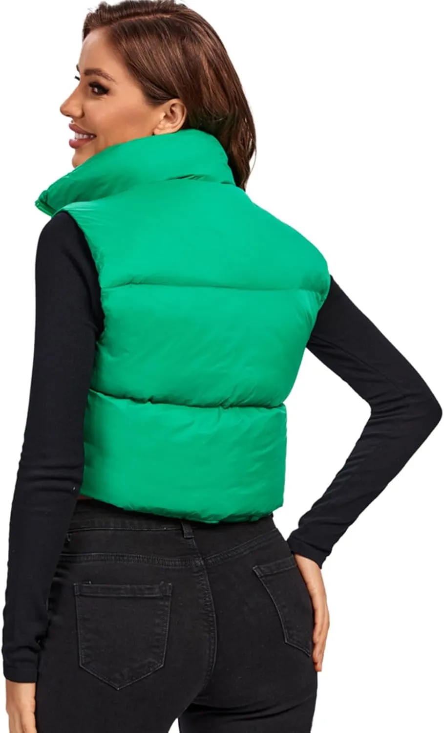 Fuinloth Women's Padded Vest, High Stand Collar Lightweight Zip Crop Puffer Gilet