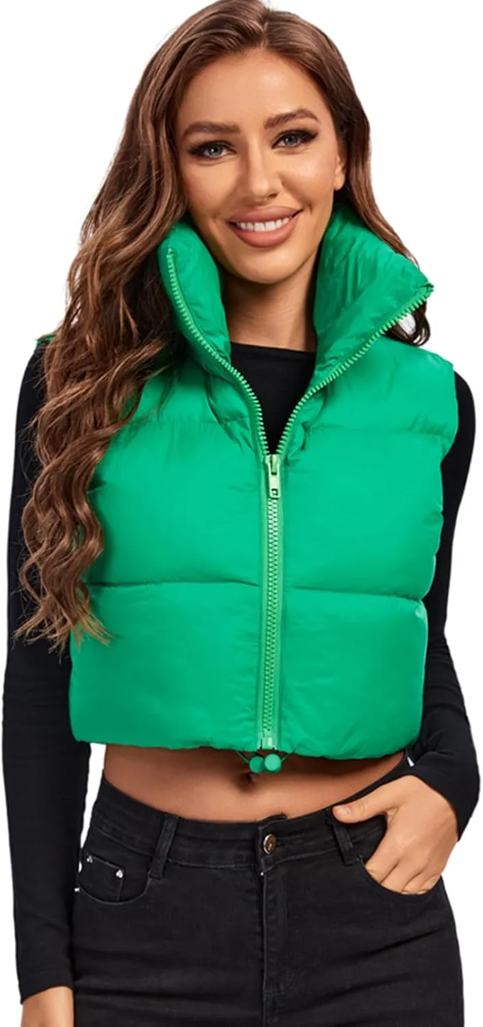 Fuinloth Women's Padded Vest, High Stand Collar Lightweight Zip Crop Puffer Gilet