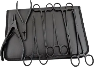 Full Black 7 Piece Body Piercing Instruments Kit Tools Pennington Sponge Forceps Stainless Steel Instruments with Carry Case MBK-B-01